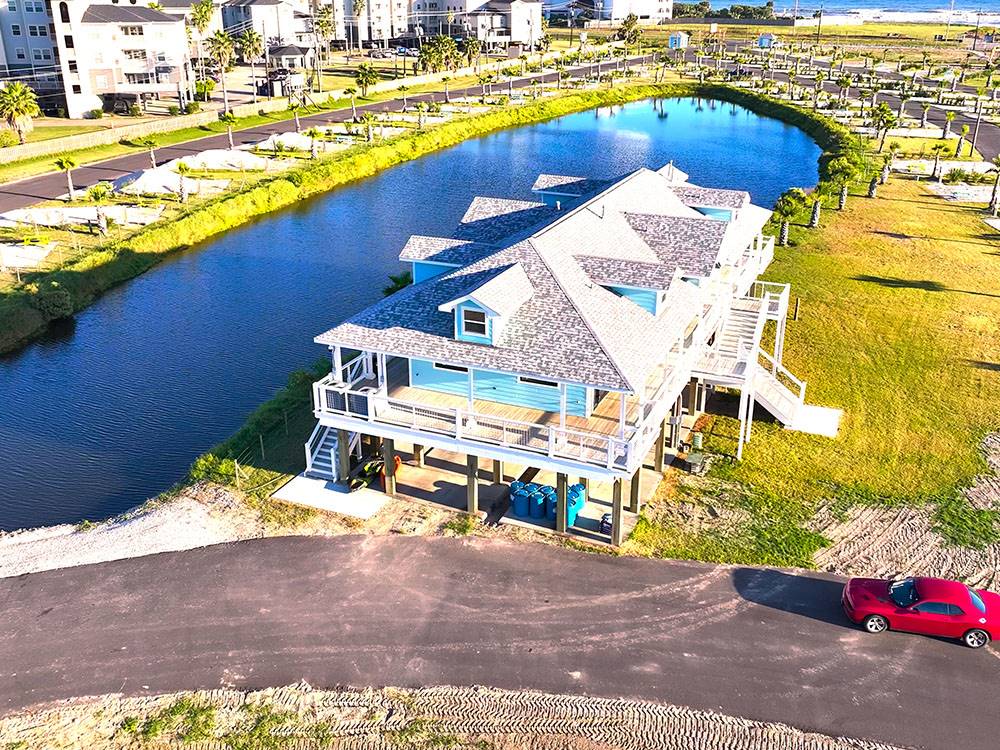 Aerial view of park and grounds at Galveston Island RV Park