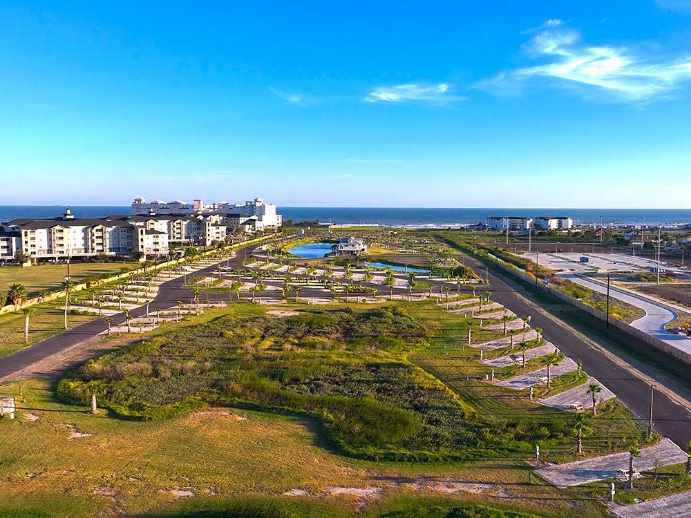 Aerial view of sites and grounds at Galveston Island RV Park