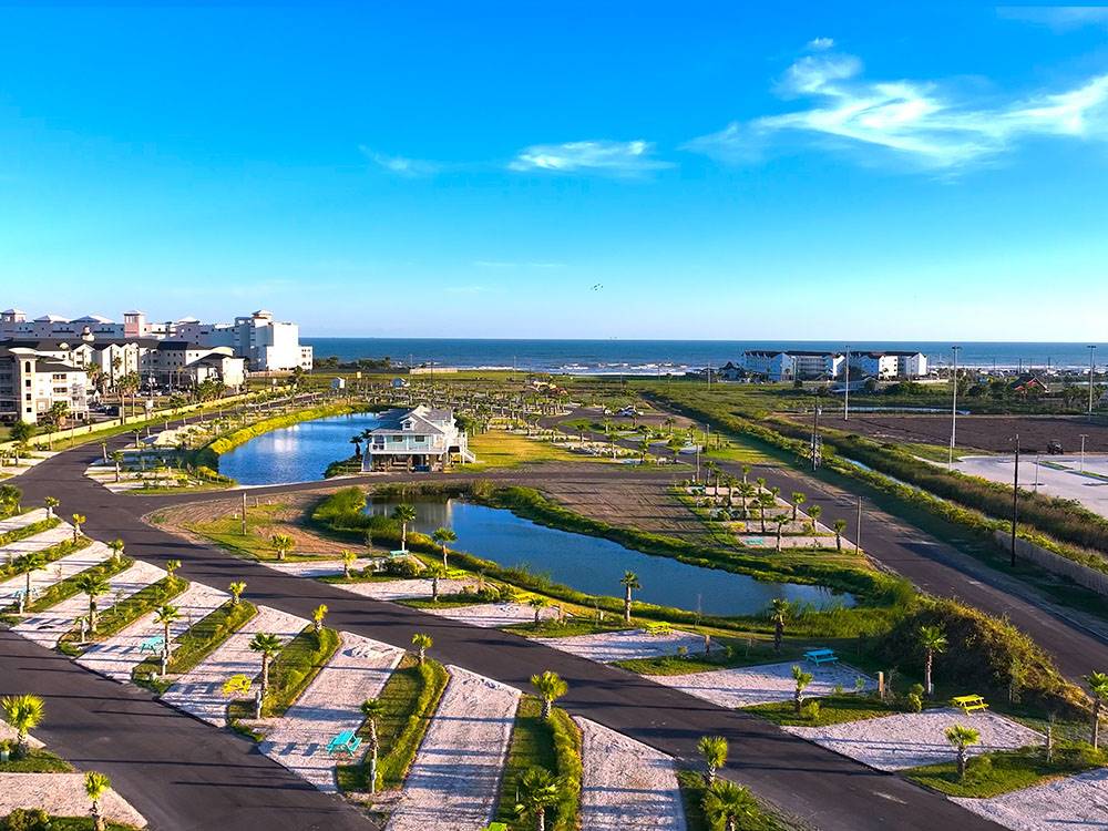 Sites with picnic tables and palm trees at Galveston Island RV Park