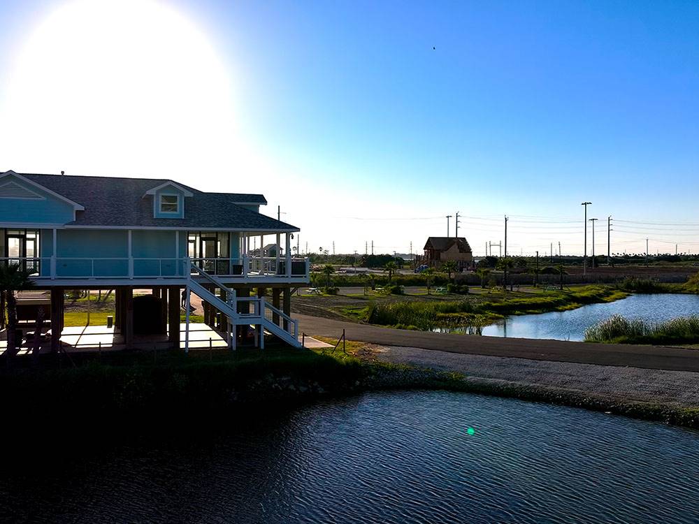 The office building near the pond at Galveston Island RV Park