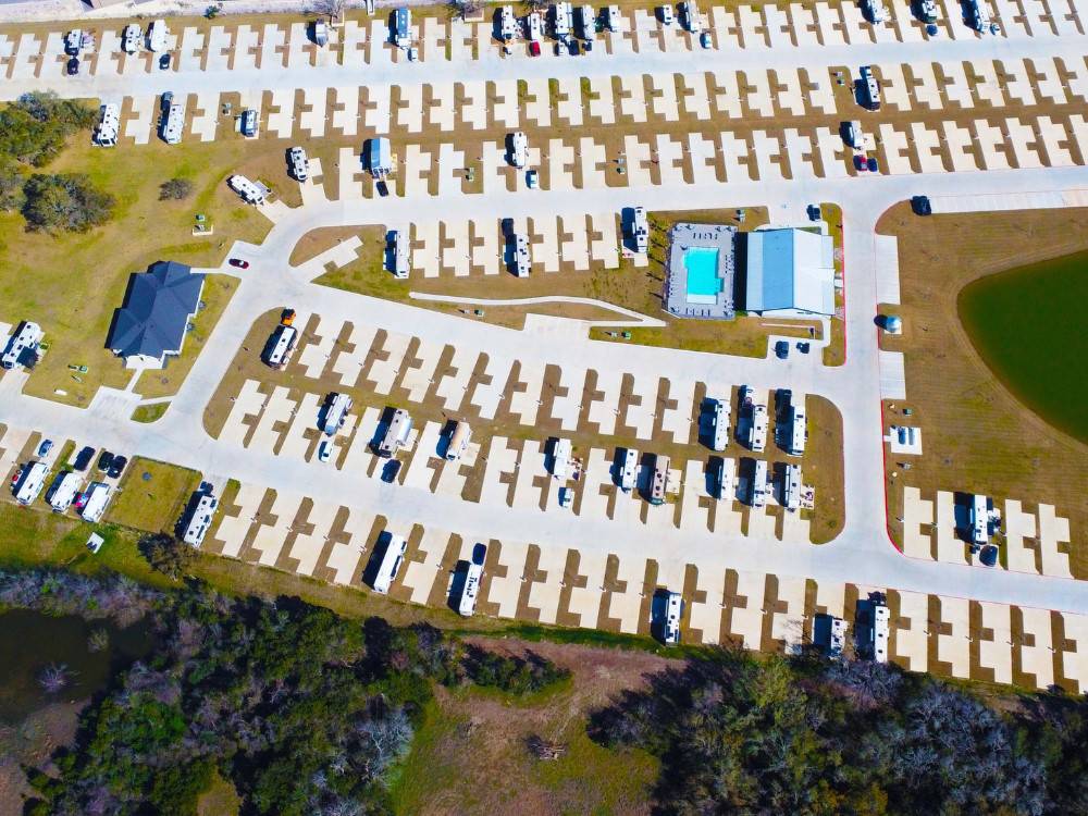 Aerial view of the RV park at LHTX RV Resort