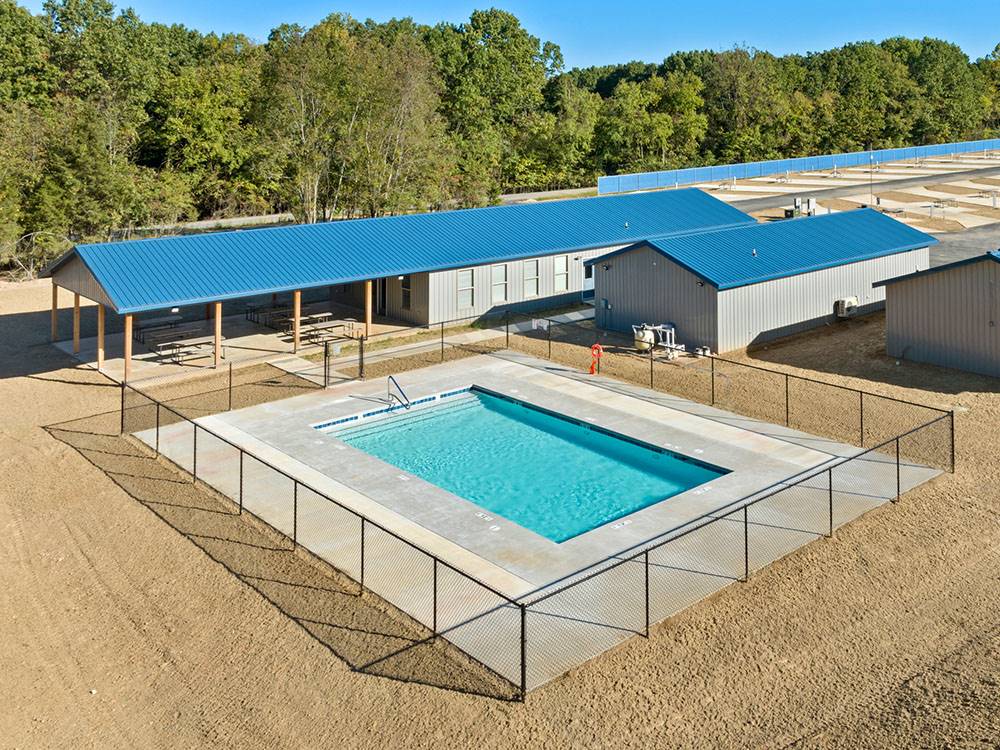 Pool area and buildings at Blue Springs RV Park