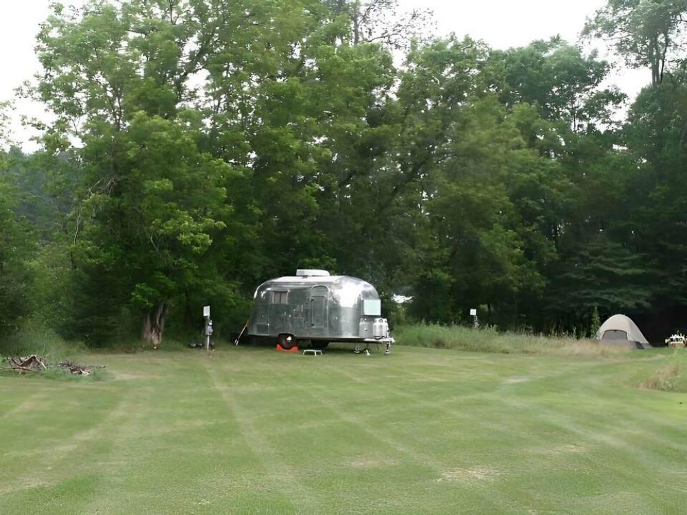 Vintage Airstream in a grassy site at Onion River Campground