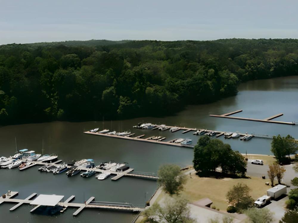 Overhead view of boats at Timberline Glamping at Lake Martin