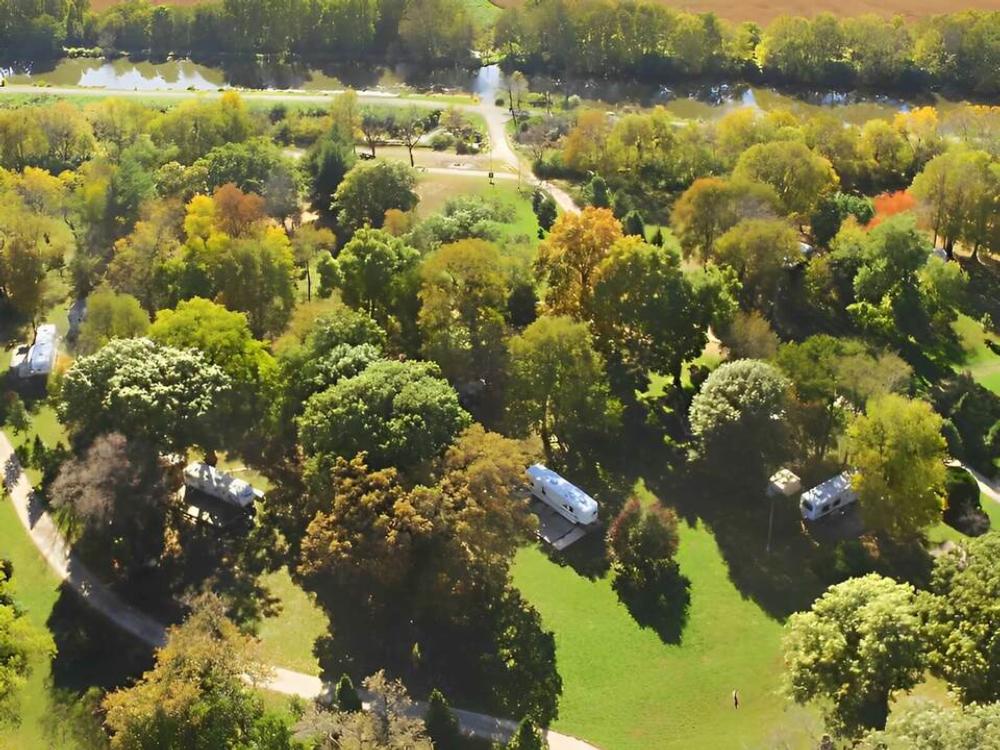 Aerial shot of shaded sites at Hickory Grove Campground & RV Park