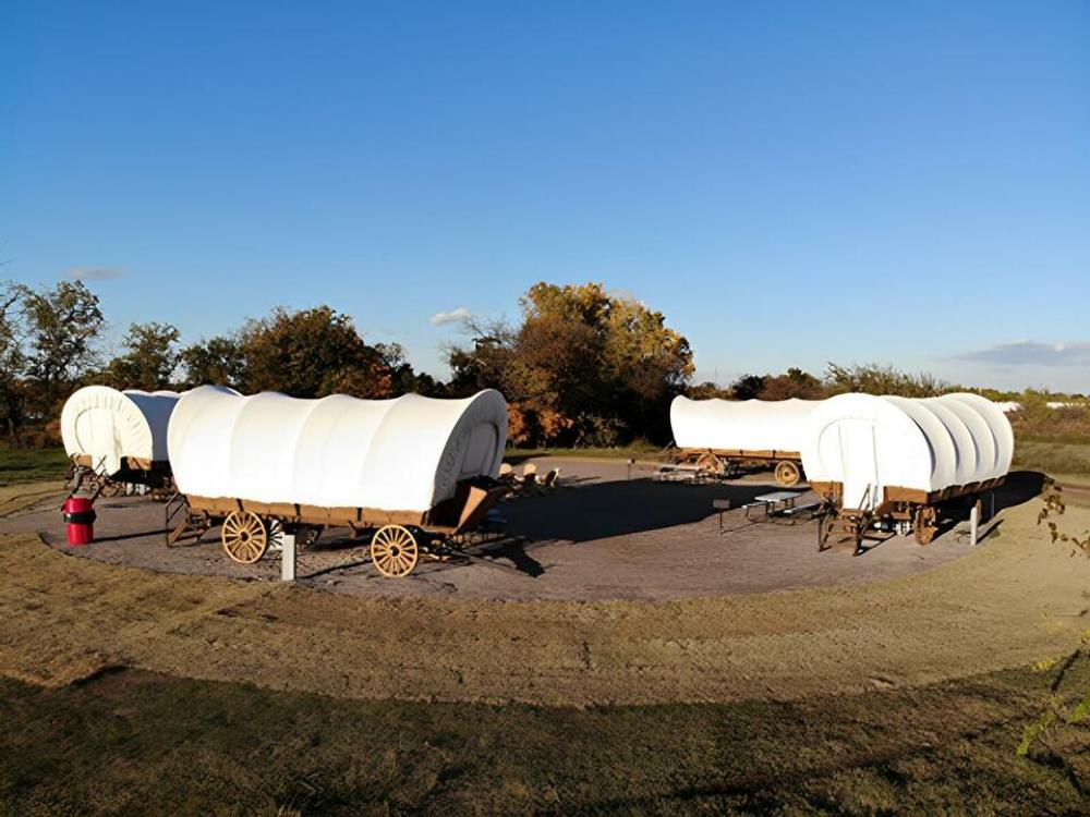 Covered wagons view at Orr Family Farm