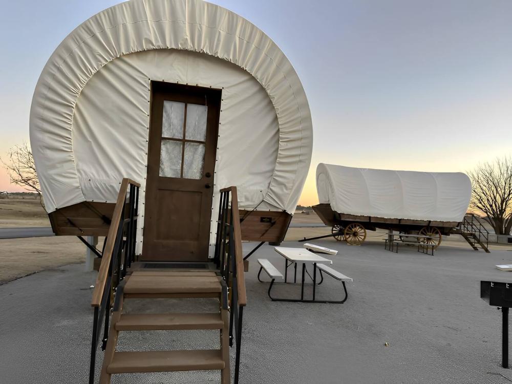 Close up of covered wagon at Orr Family Farm
