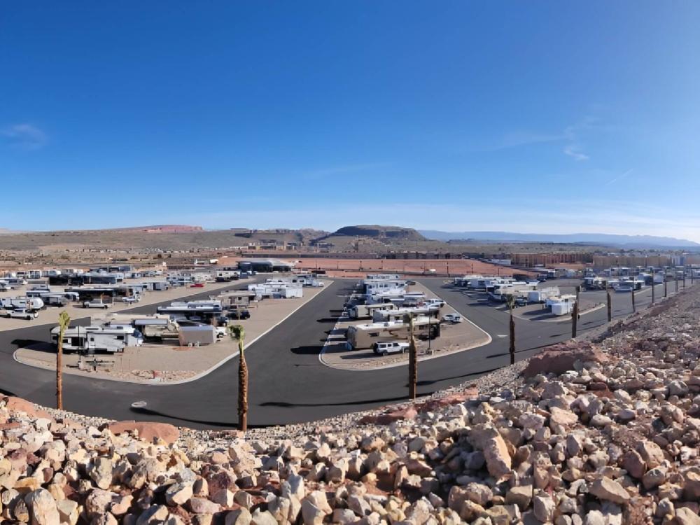 Parked RV's and trailer's at site Settlers Point Luxury RV Resort