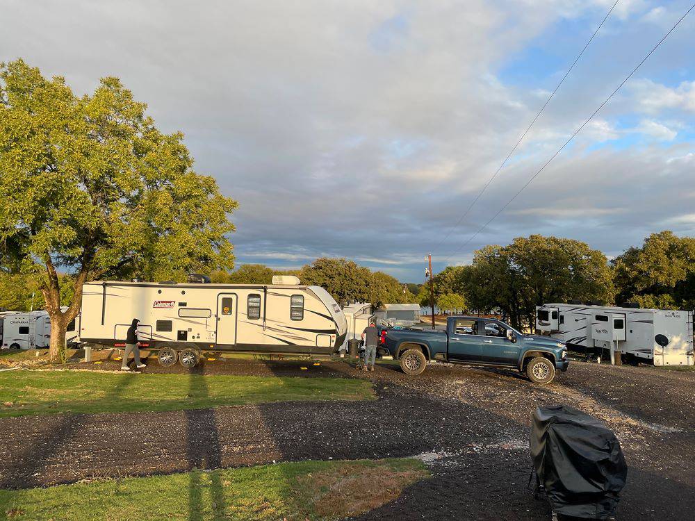 Backing a travel trailer into an RV site at Waterfront Hideaway Ranch