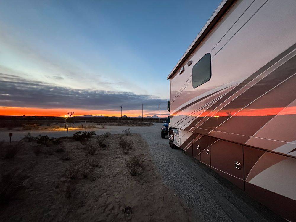 Motorhome on a gravel road at Mountain View RV Park