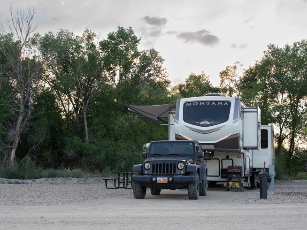 View of an RV on site at Nine Mile RV Resort