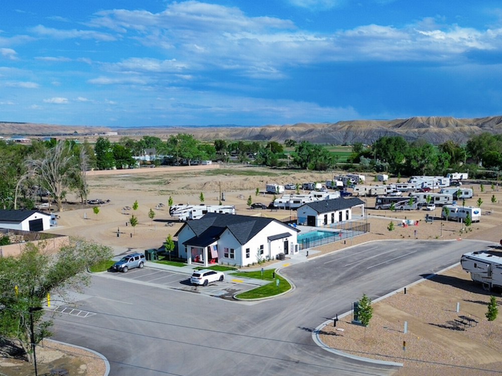 Aerial view of office and RV sites at Nine Mile RV Resort