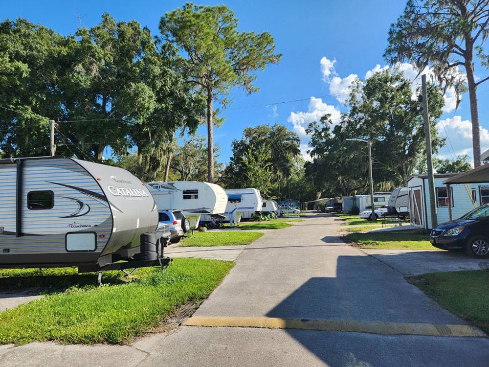 Travel trailers parked at sites