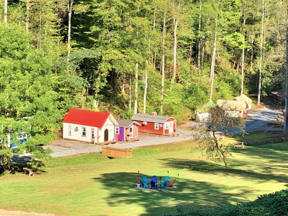 View of community seating area and rental cabins