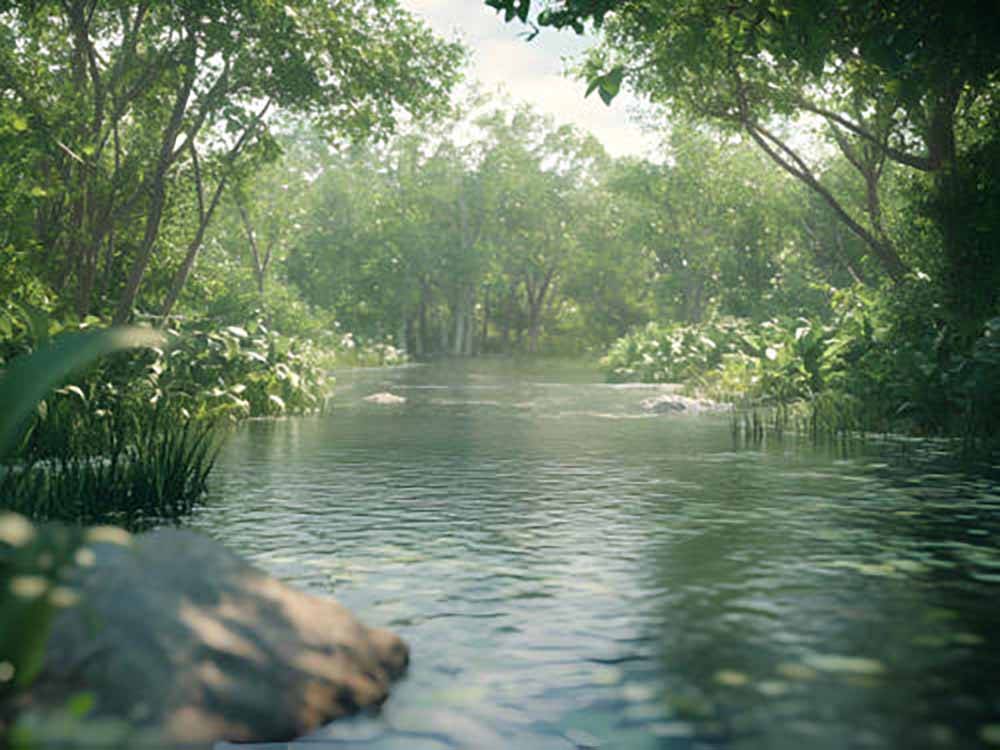 A nearby tree-lined river