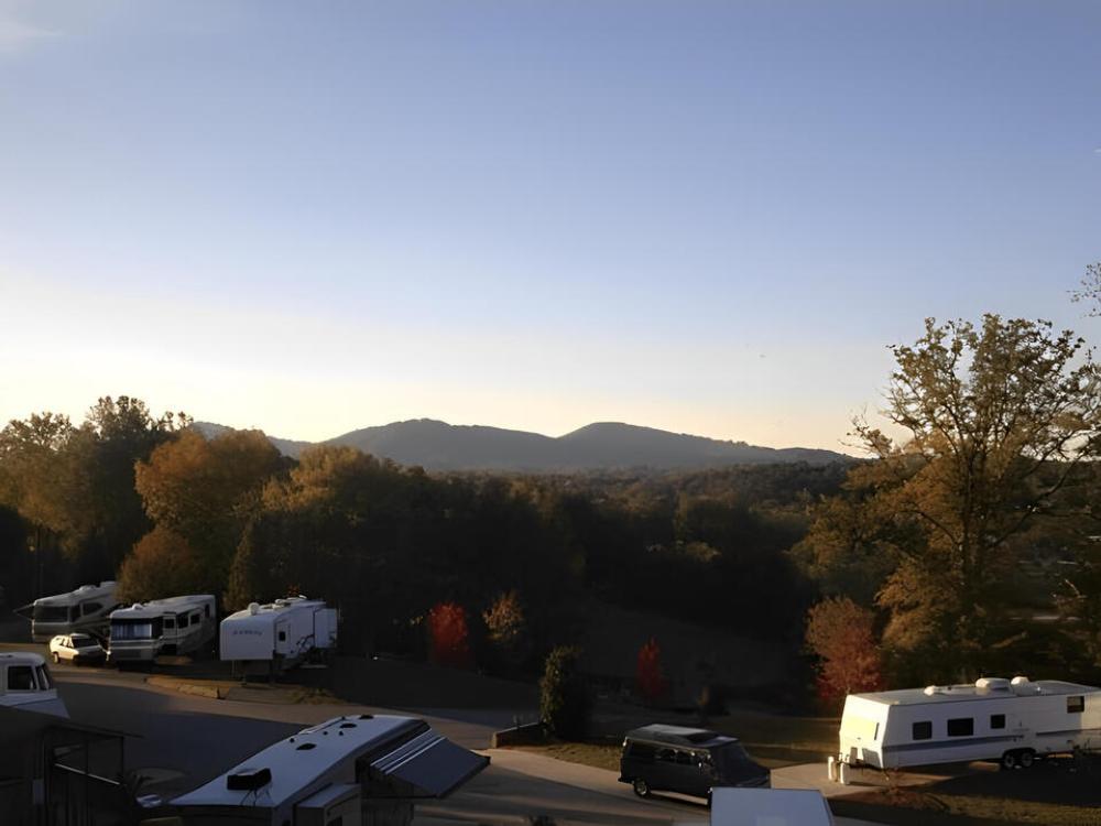 Ariel view of RV sites and mountains at Bear Creek Lake Resort