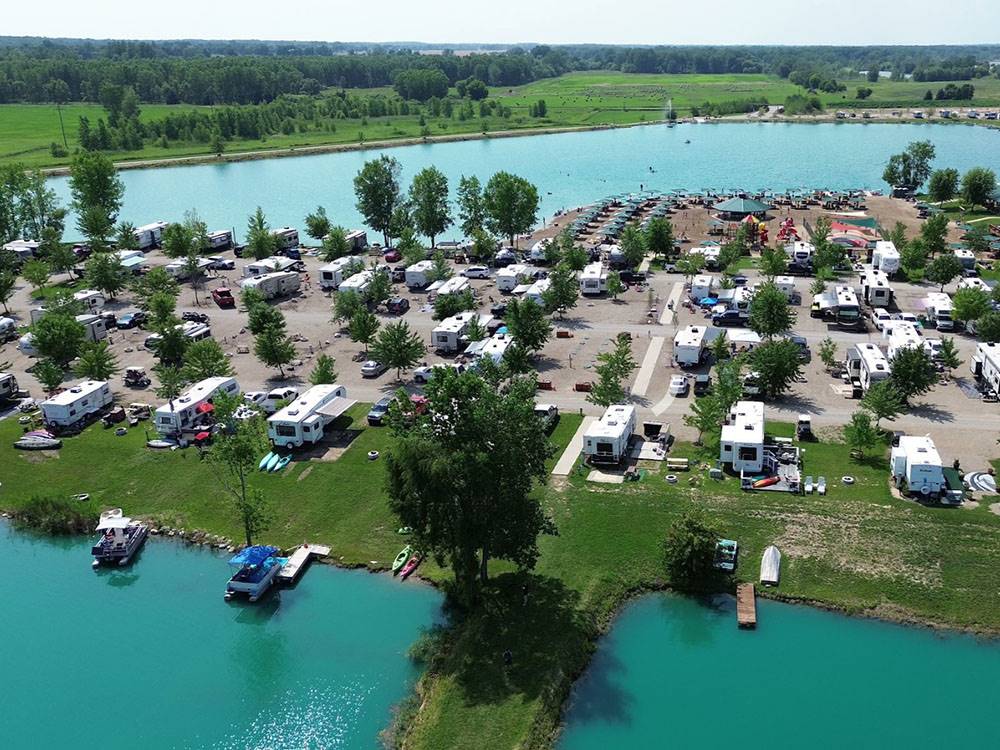 Aerial view of the park surrounded by water