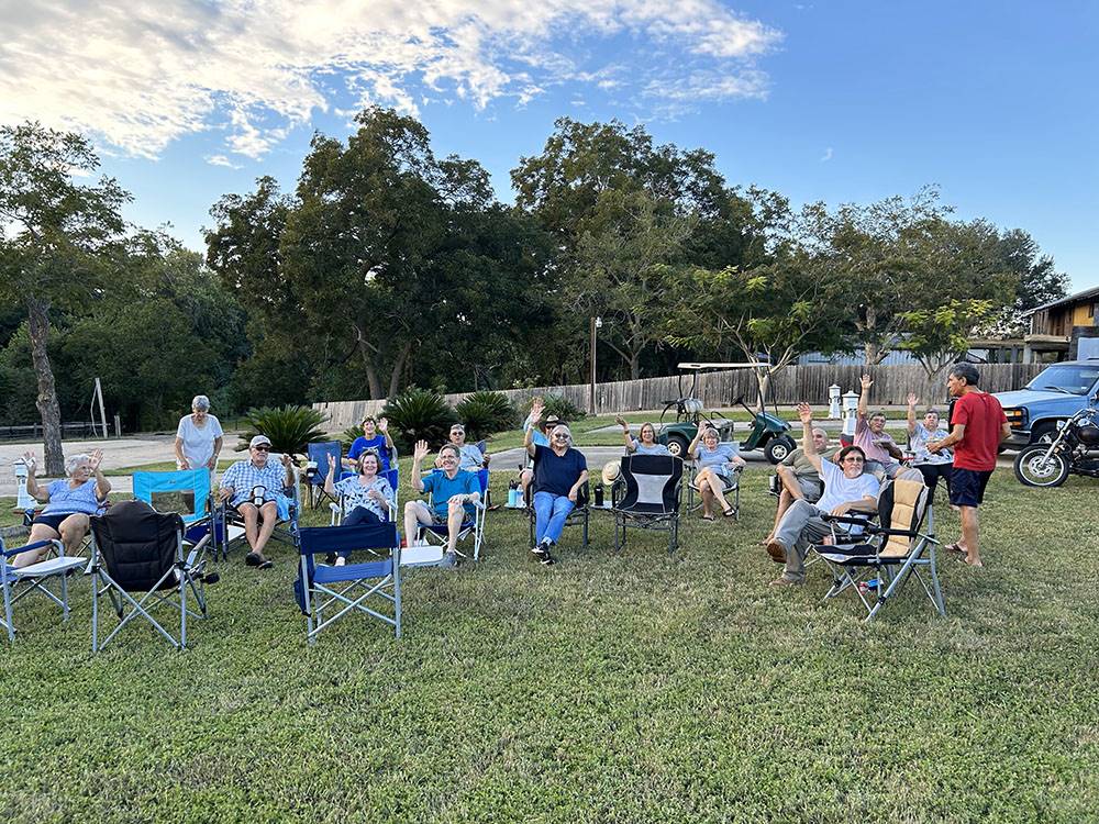A group of outdoor concert attendees waving