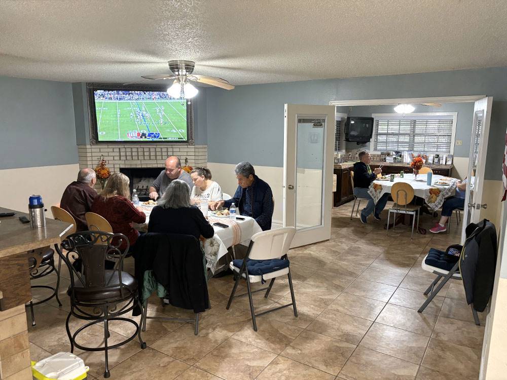 A group dining in the rec hall