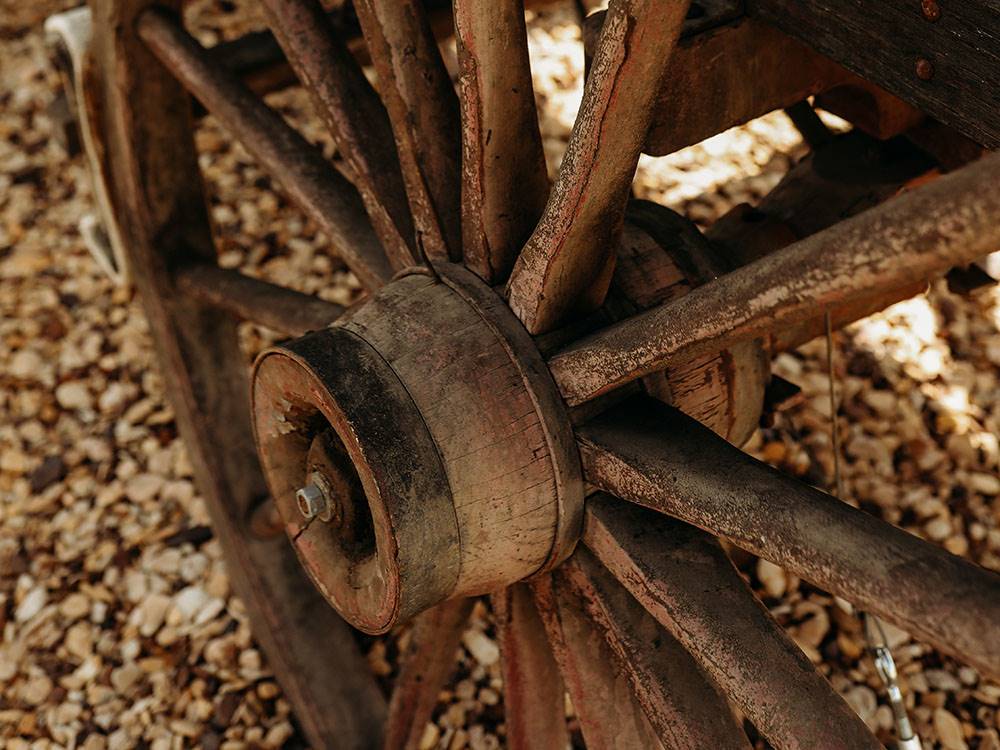A wheel on a covered wagon