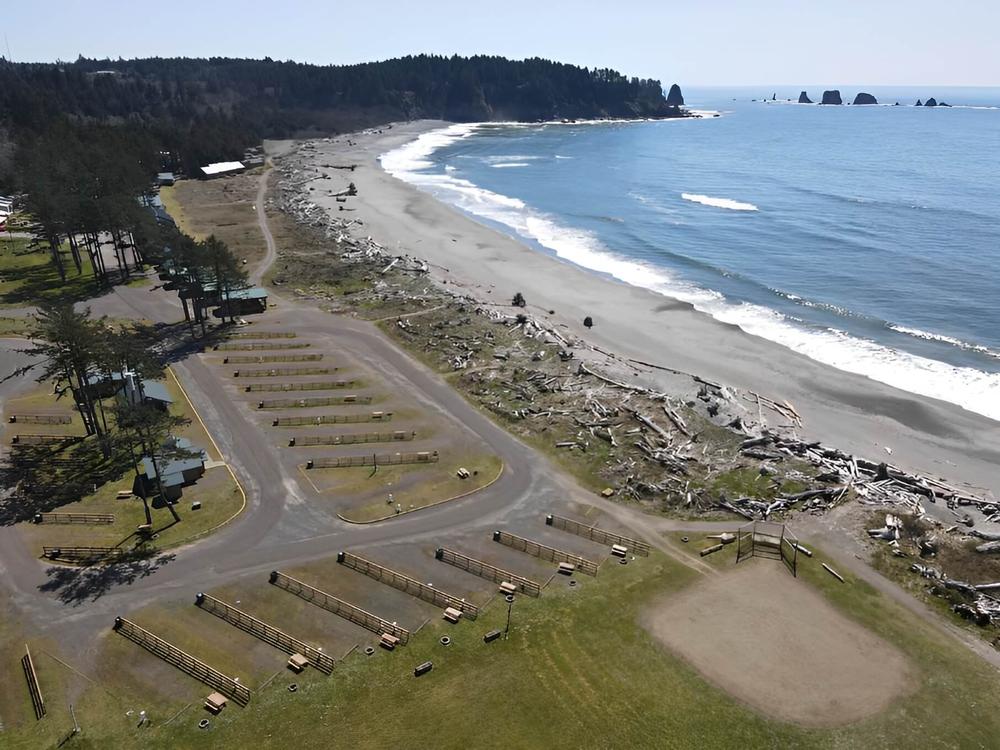 Aerial view of RV sites by the beach at Quileute Oceanside Resort