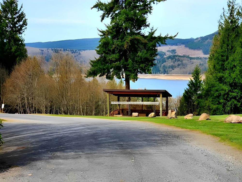 Covered area for viewing the lake at Riffe Lake Campground