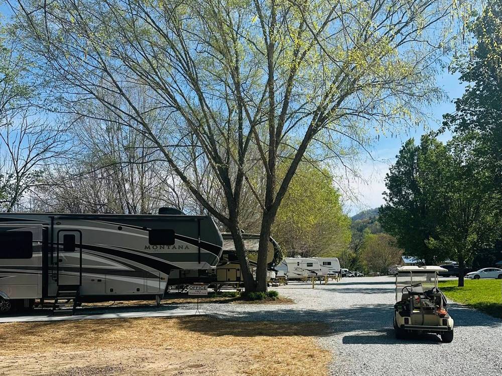 A fifth wheel parked at a site