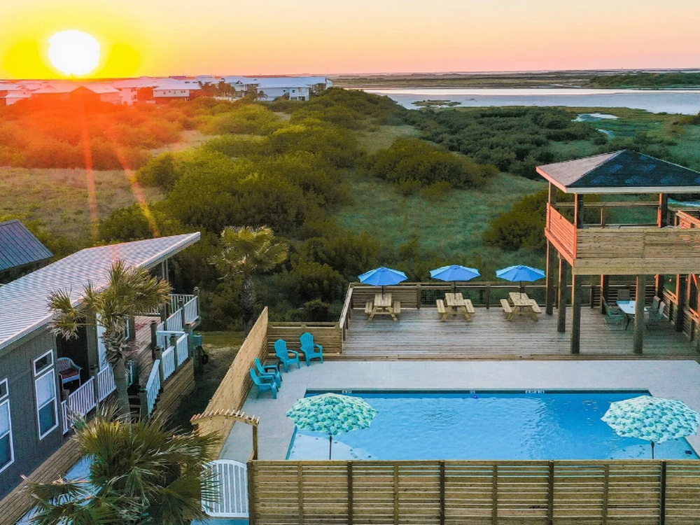 Aerial view of swimming pool and grounds