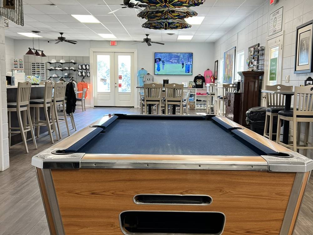 A billiard table in the rec room
