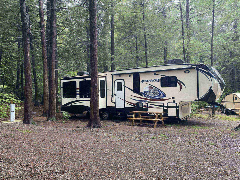 RV driving through trees at Sleepy Hollow Campground