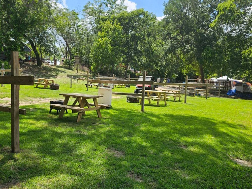 Tent camping area with picnic tables
