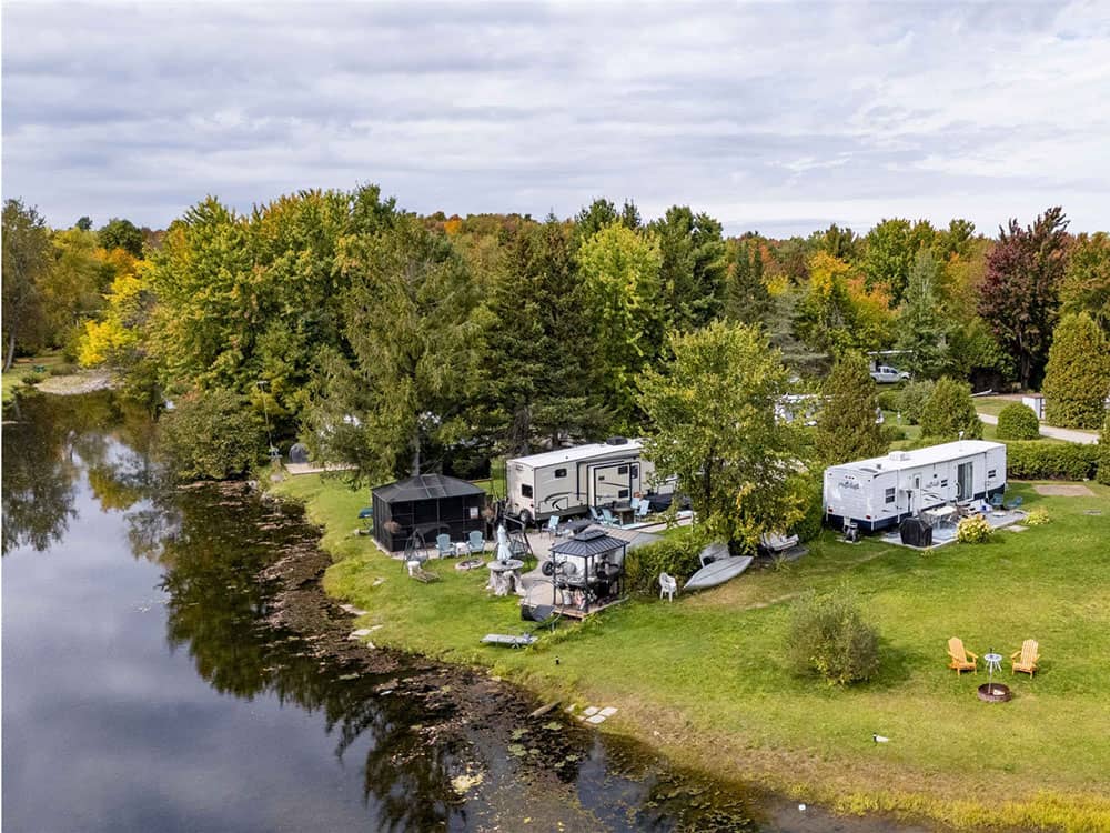 Aerial view of RV sites near the lake