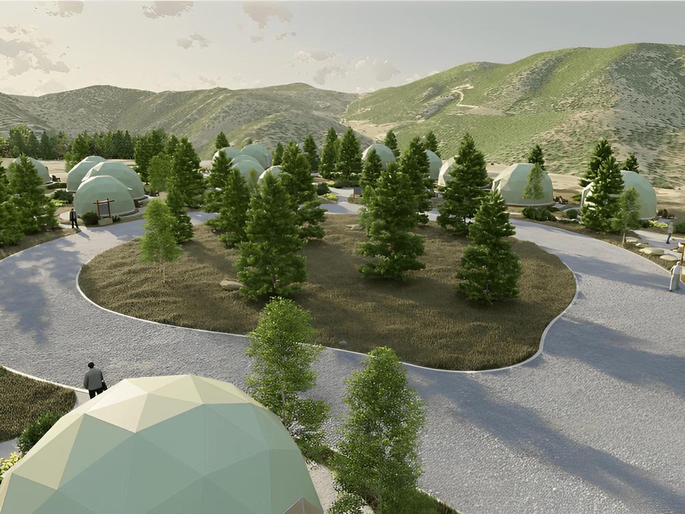 Aerial view of the Geodesic Domes at The Nest at Black Hawk