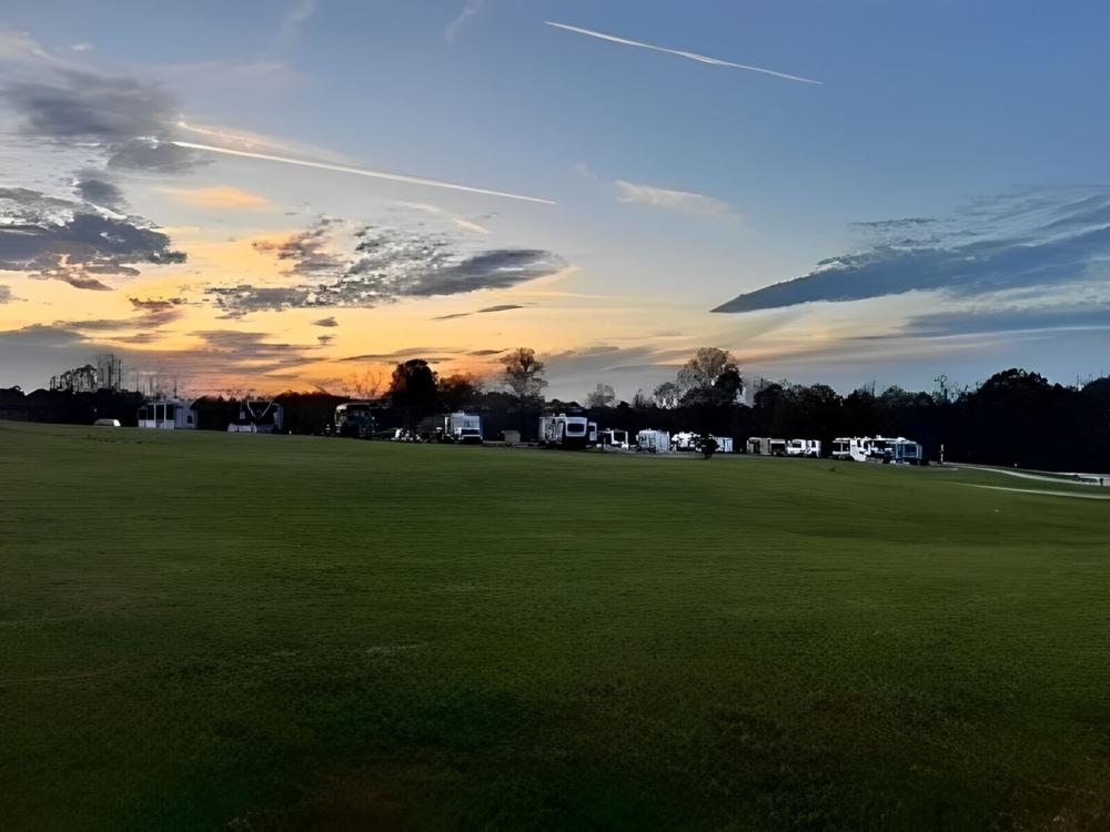 Large grass area near park RV's at Off the Hook RV Campground