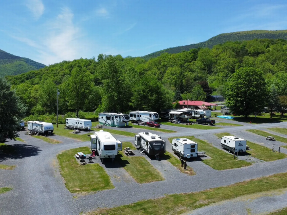Aerial view of RV sites at Country Roads Campground