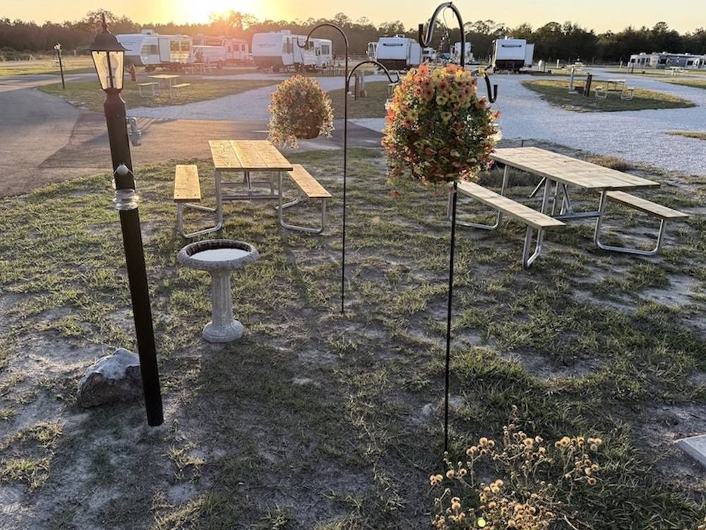 Picnic tables at sunset