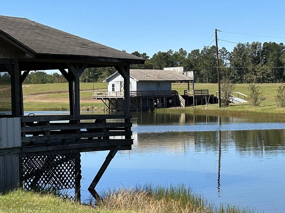 Grassy area and building near the water