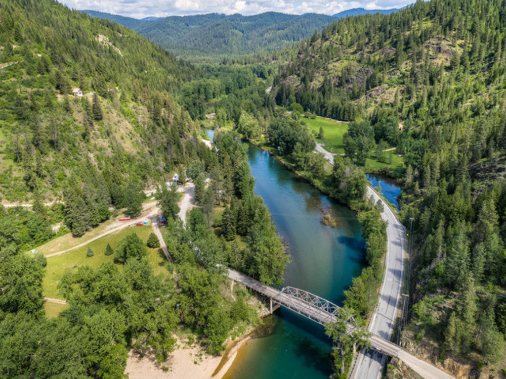 Aerial view of river and campground