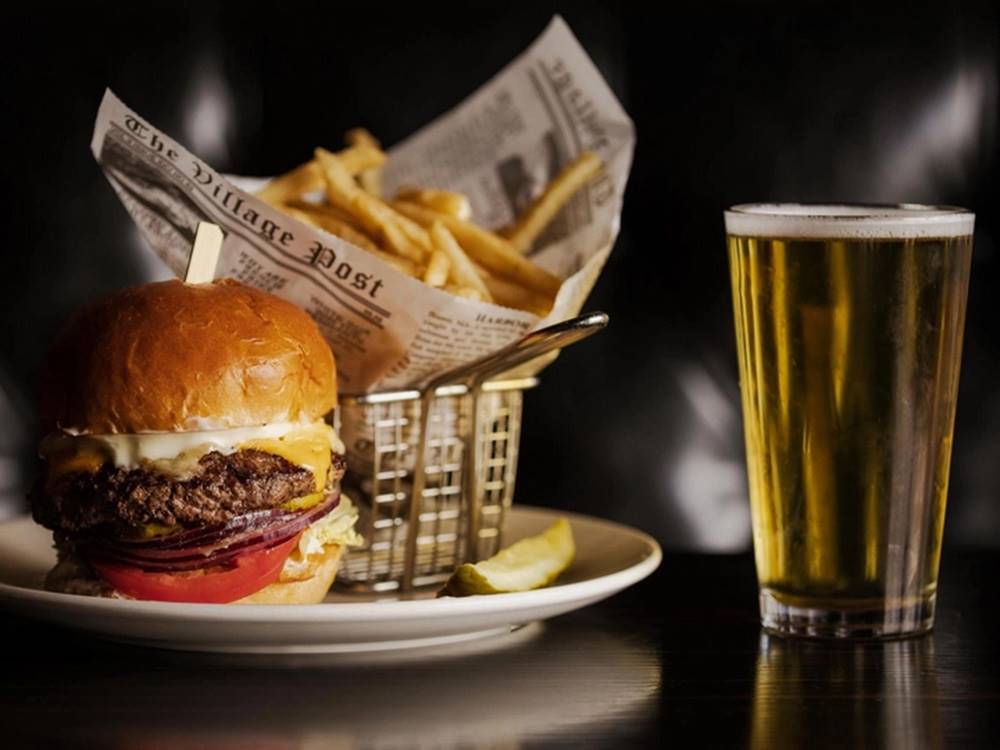 Hamburger, fries and a glass of beer