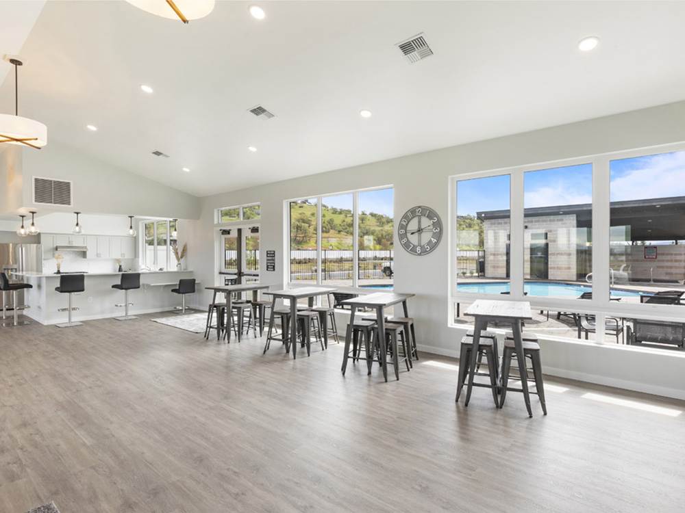 Interior of building with tables and seating