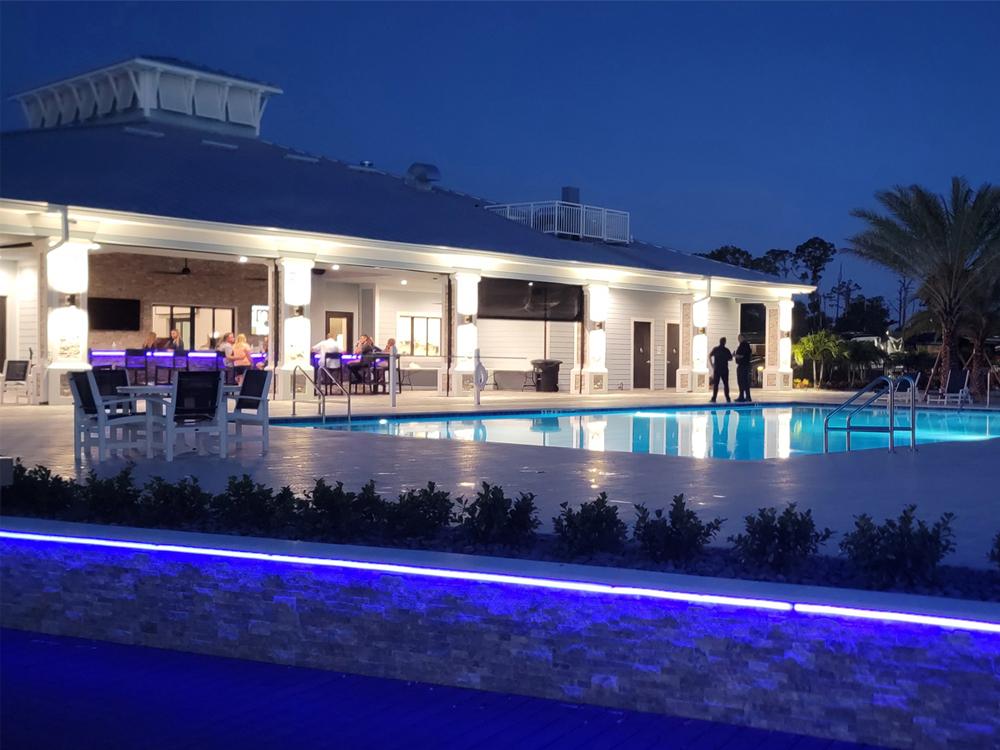The rec hall and pool at night