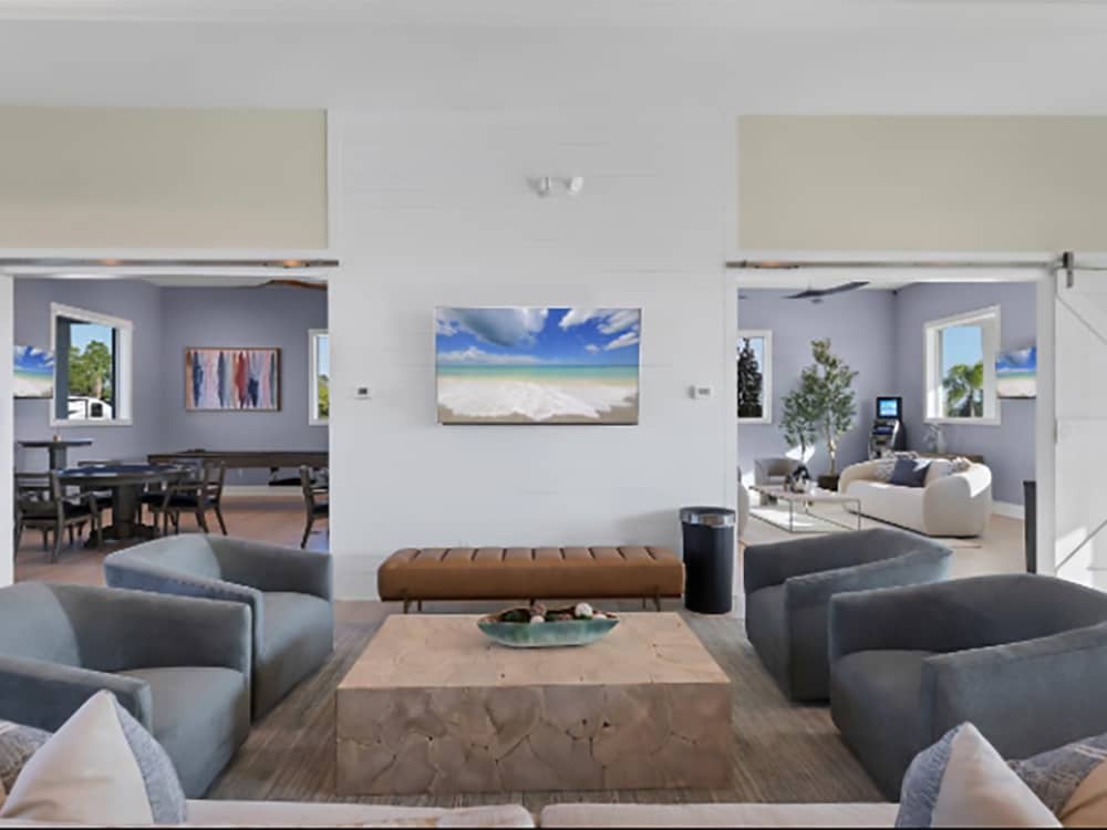 Community seating areas in the rec hall