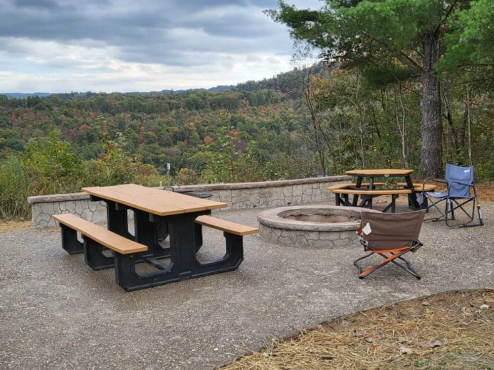 Table and firepit at site Wood Mountain Campground