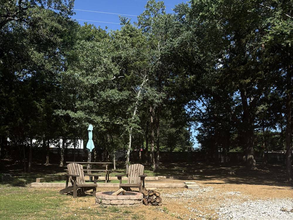 An RV site surrounded by tall trees