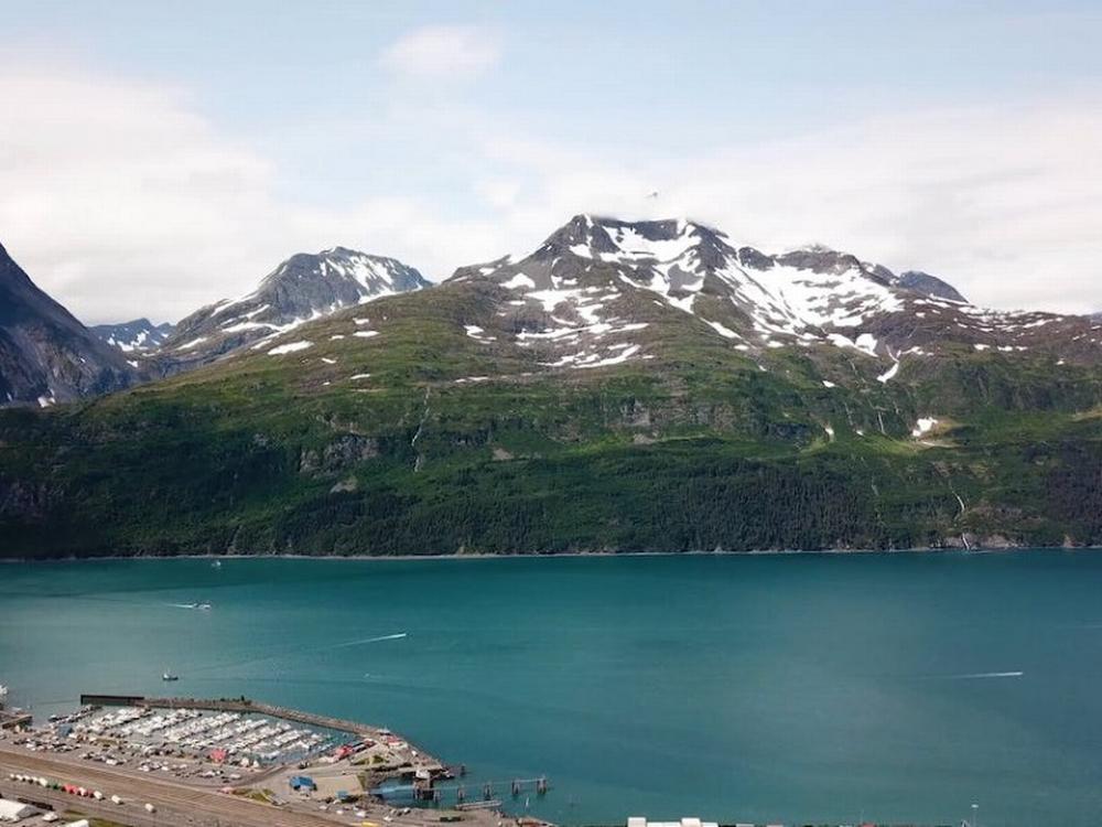Lake with mountain view at Spruce Goose Lodge