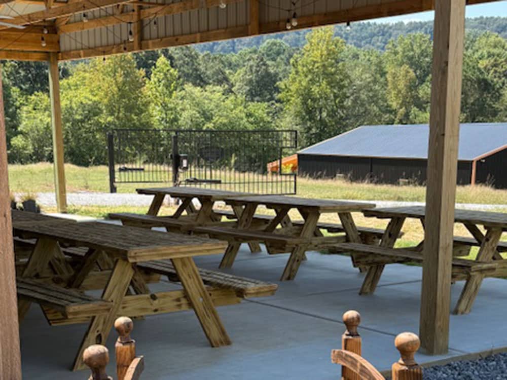 A covered area with picnic table