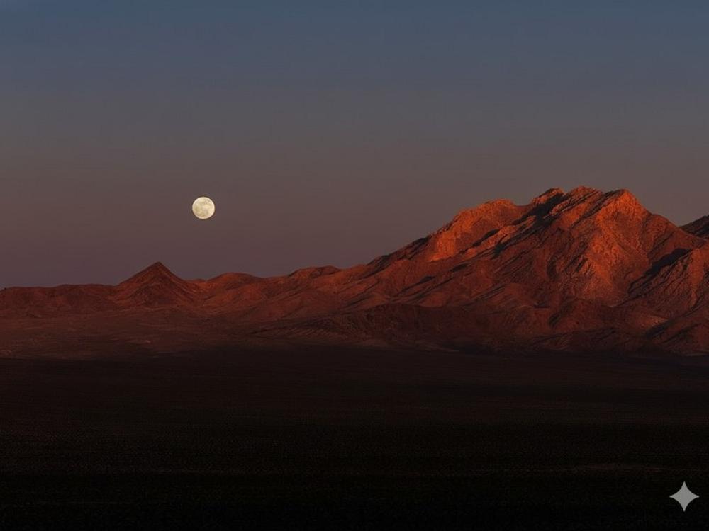 Full moon in sight as sun is setting at Tecopa Hot Springs Campground