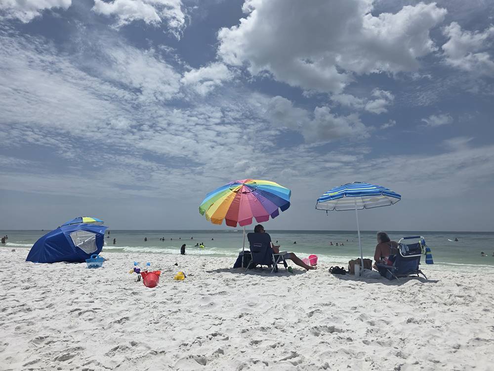 People enjoying the beach under umbrellas