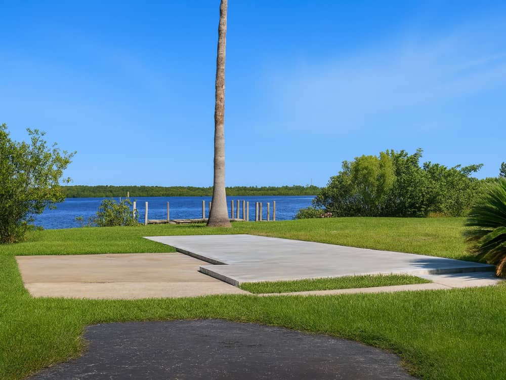 A paved RV site with a river view