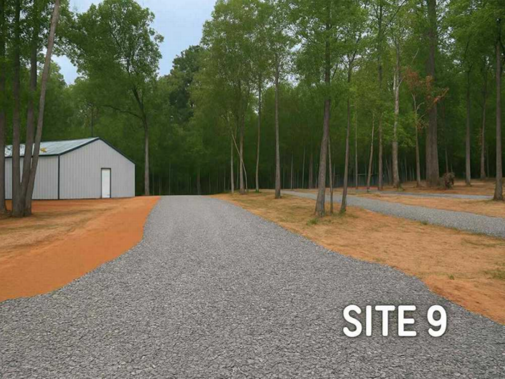 Site 9 with a building in the back Huckleberry Hideaway Cabins & RV Resort